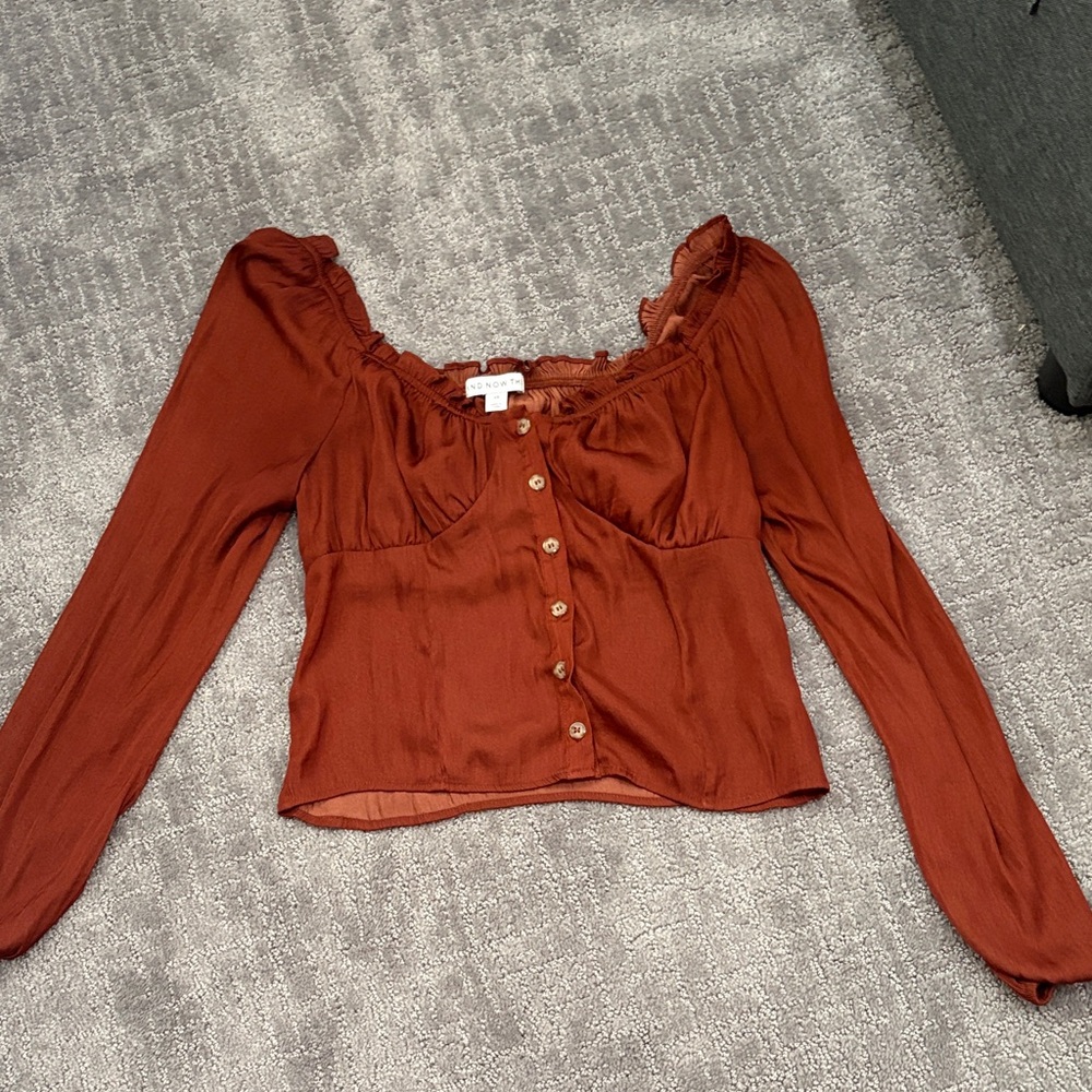 Rust Button-Front Peasant Blouse With Ruffle Neck… - image 1